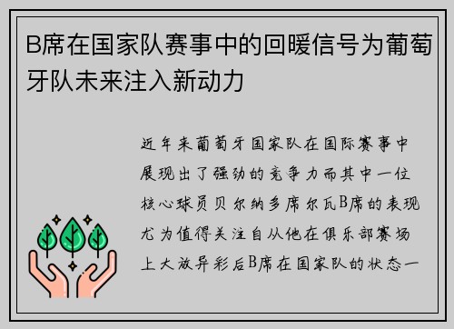 B席在国家队赛事中的回暖信号为葡萄牙队未来注入新动力